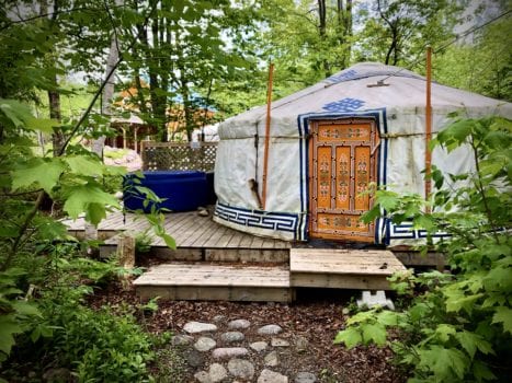 The exterior view of a yurt at Cabot Shores Wilderness Resort on Cape Breton Island, Nova Scotia.